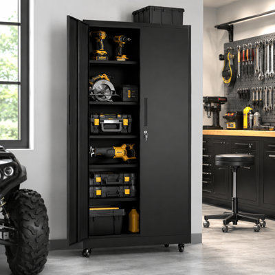 Armoire de rangement en métal robuste de 71 pouces Bizoe, 4 tablettes réglables d'une capacité de 180 livres, armoire de garage mobile verrouillable à 3 points avec 4 roulettes pivotantes, noir