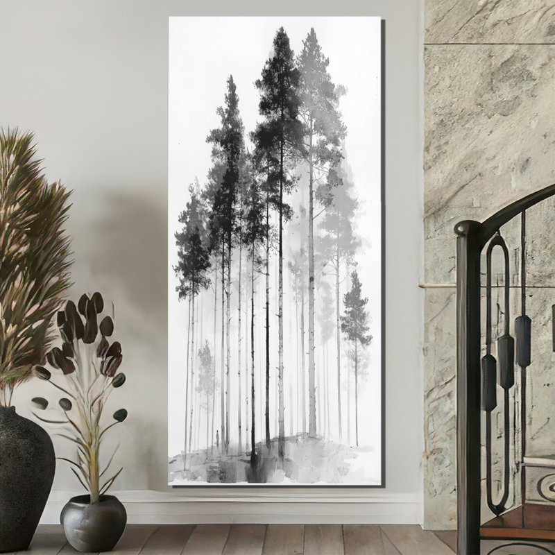 «Black and White Tall Pine Tree Forest», reproduction d'art sur toile Nature, H 60 po x l 28 po, Toile tendue