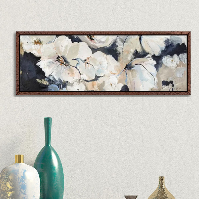 Flower Varity II - Panoramic Painting on Canvas, 30.48cm H x 91.44cm W x 3.81cm D, Classic Brown Wood Framed