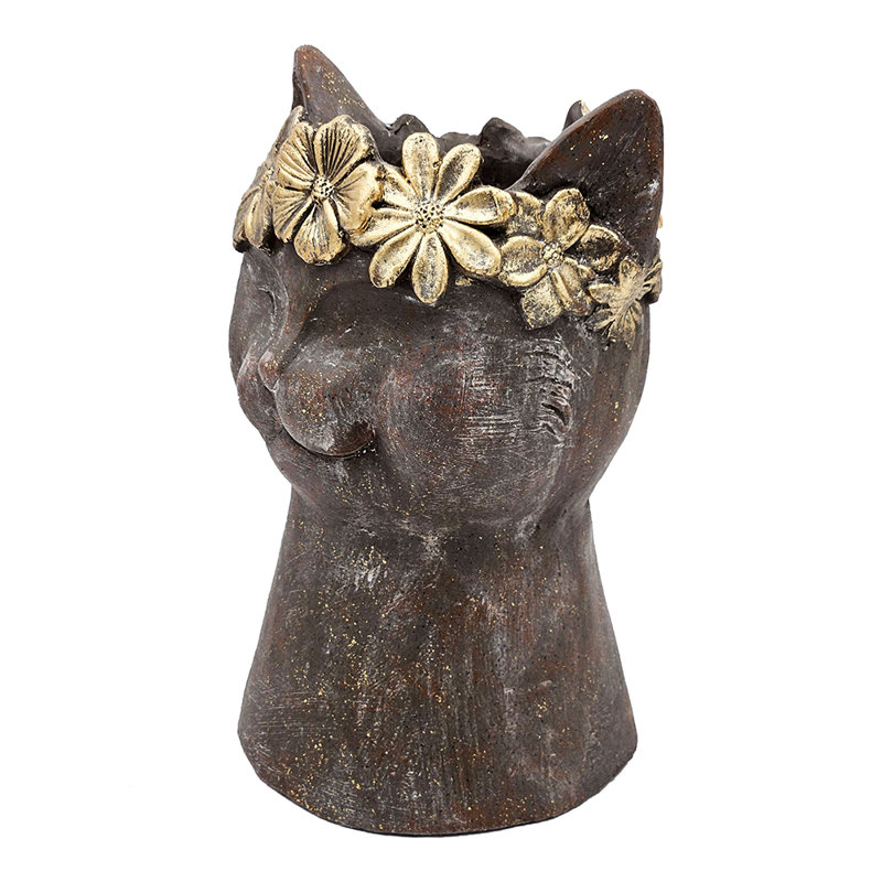 Magnesium Cat Statue Planter with Textured Brown Finish and Gold Leaf Crown