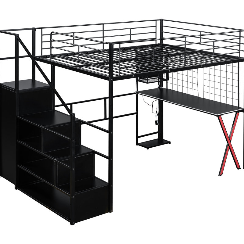 Lit mezzanine double en métal noir avec poste de travail intégré, garde-robe de rangement et escalier stable