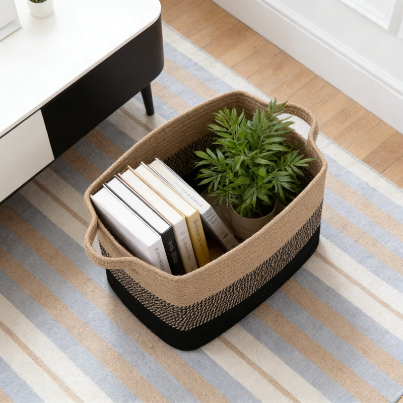 Large Woven Storage Basket With Handles, Foldable Cotton Rope Organizer For Blankets, Toys, And Home Decor, Black/Brown