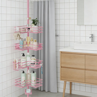 Adjustable Corner Shower Caddy Organizer With 4-Tier Shelves, Soap Holder, Toothbrush Holder And Hooks - Rustproof Stainless Steel Tension Pole Design For Bathroom Storage