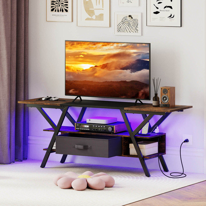 3-Tier TV Stand with Power Outlets for 65” TVs, LED Lights & Remote Storage Shelves, Rustic Brown