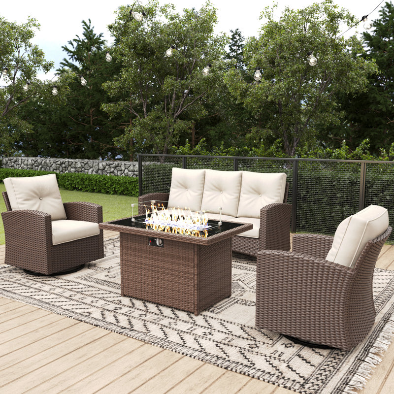 4 Pieces Patio Furniture Set With Swivel Chairs, Rattan Wicker Rocking Glide Chairs With 44" Propane Gas Fire Pit Table Conversation Set