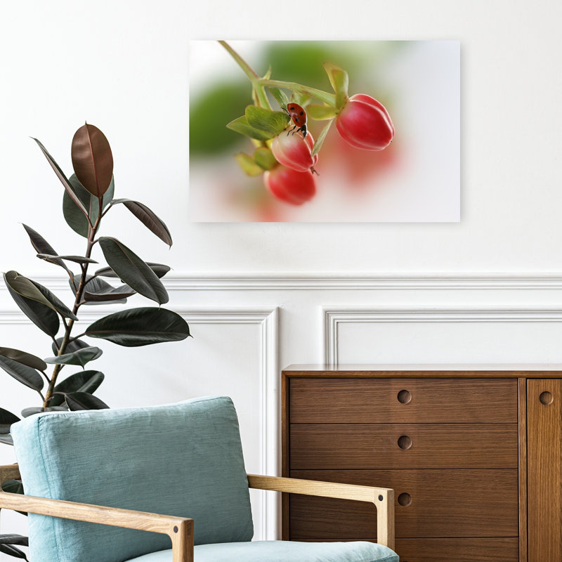 Ladybug On Red Berries Delicate Vibrant Abstract Ladybug Fruit Nature Wall Art Print by Ellen van Deelen - 1 Piece Wrapped Canvas Wall Art