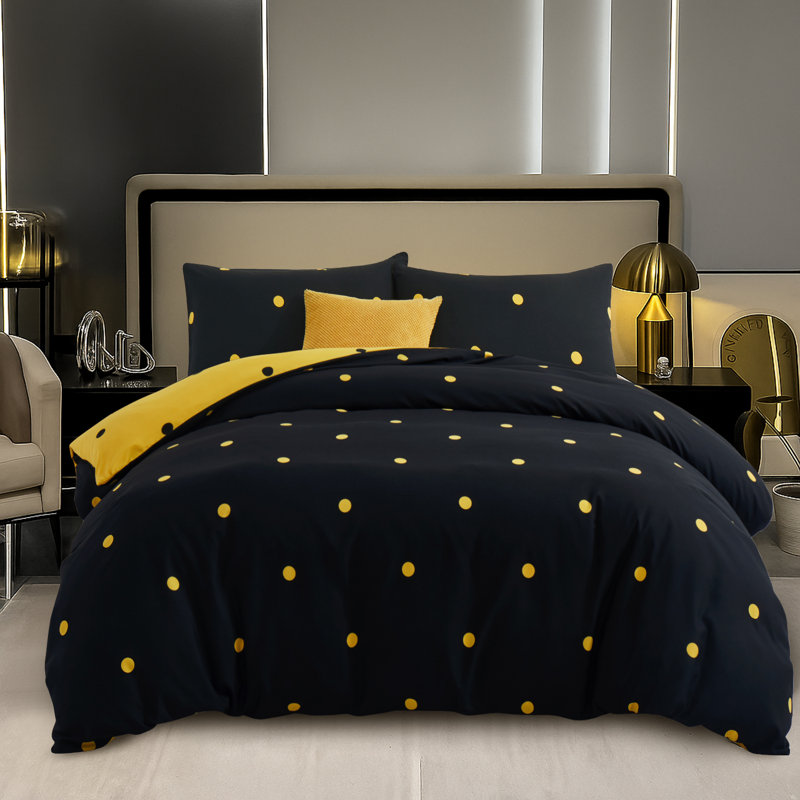Microfiber Duvet Cover Set Doted With Pillowcases, Single Duvet Cover + 2 Pillowcases, Black/Yellow