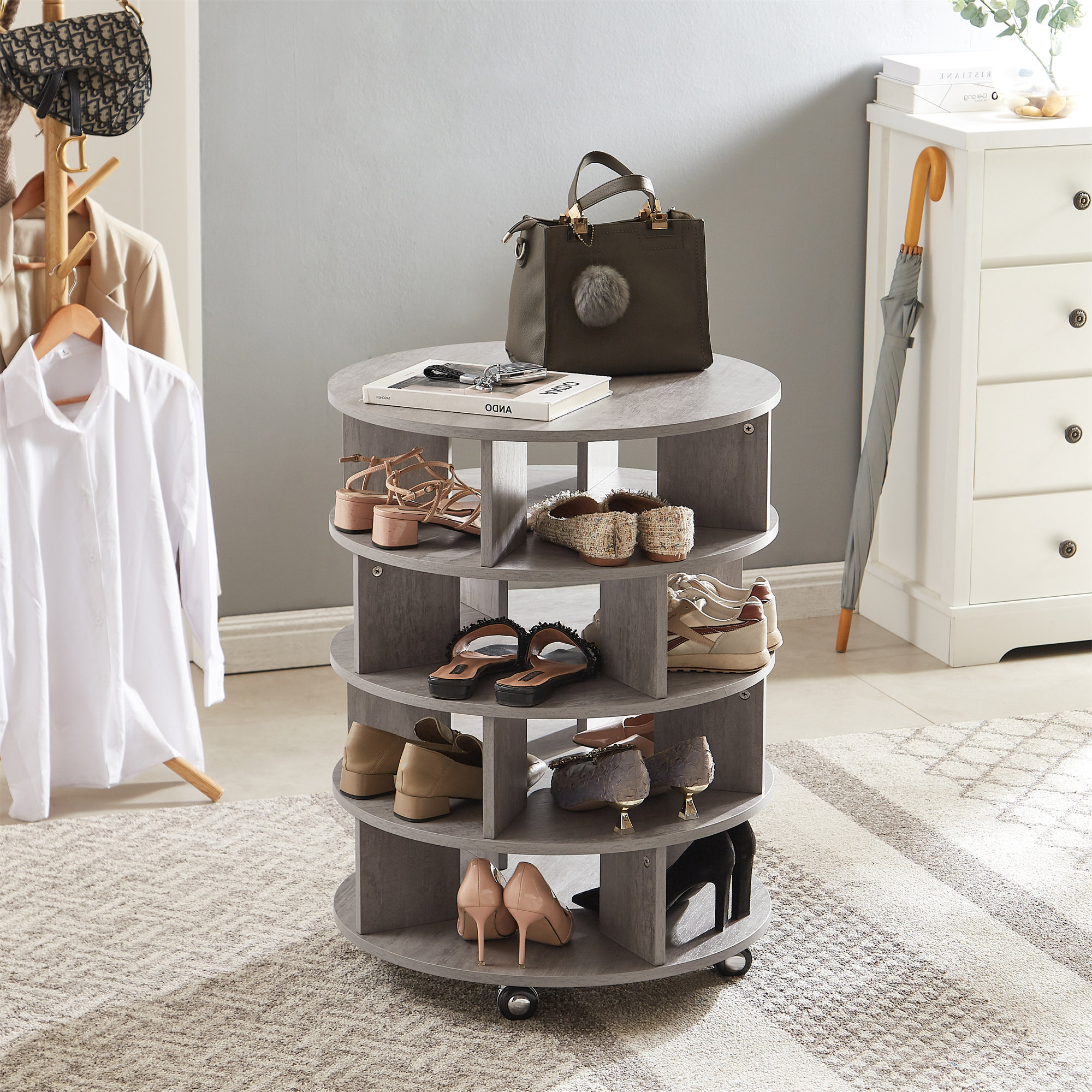 Kings Brand Furniture – 4-Tier Revolving Free Standing Lazy Susan Shoe Rack  Storage Organizer (White)
