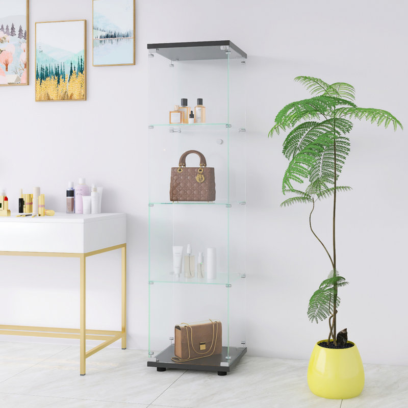 Glass Display Cabinet 4 Shelves With Door, Floor Standing Curio Bookshelf For Living Room Bedroom Office, 64.7"*16.7"*14.3"