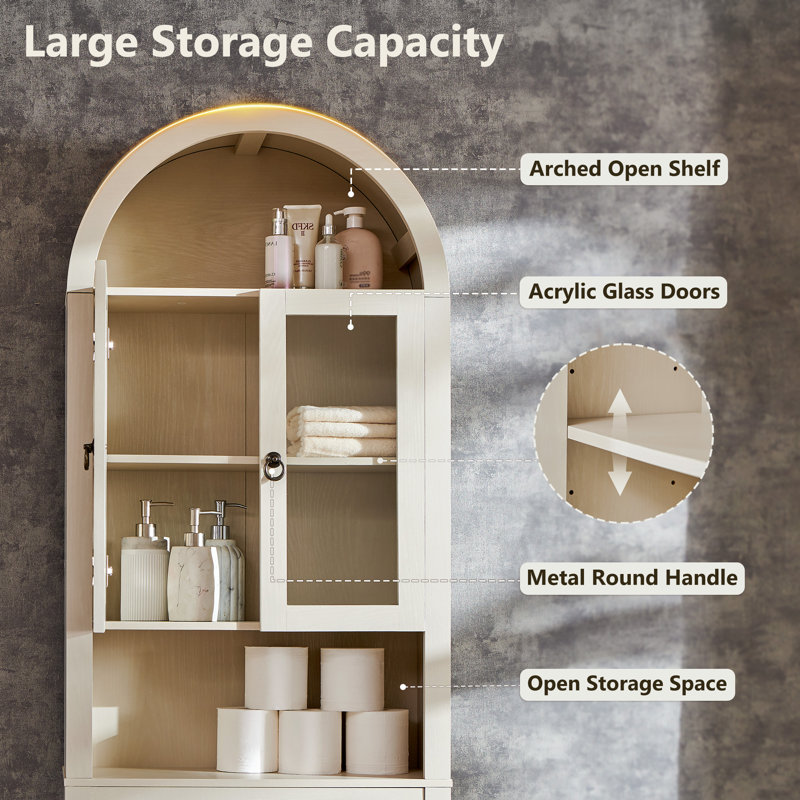  Ahart Arched Freestanding Over The Toilet Storage Cabinet with Acrylic Doors, Modern 77"H Over Toilet Bathroom Organizer Shelf with Adjustable Shelf