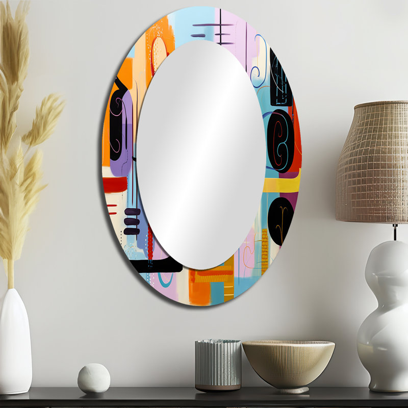Mid-Century géométrique amusant collage IV - miroir ovale multicolore, H 36 po x l 24 po