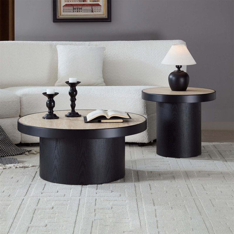Ensemble de 2 tables basses rondes en pierre frittée, élégantes et durables pour les salons modernes et les espaces de loisirs