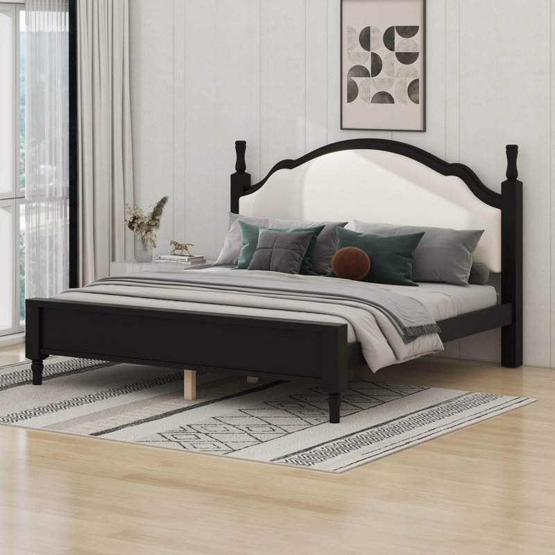 Lit plateforme en bois avec tête de lit tapissier, King, Beige/Black