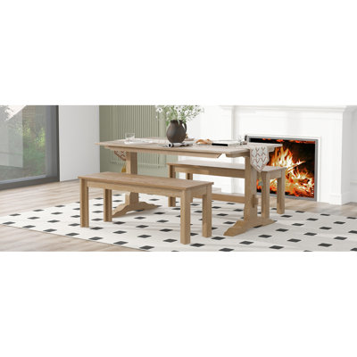 Ensemble de salle à manger rétro, table à tréteaux rectangulaire et bancs en bois