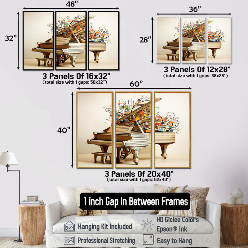 Jolley - Piano Wall Art Set, 28" H x 36" W x 1" D, Silver Floater Framed