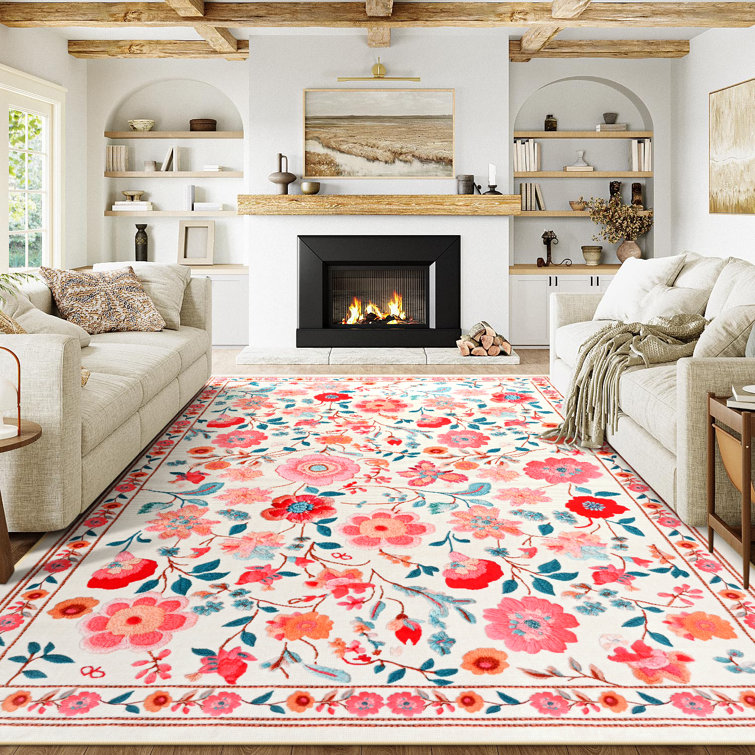 Large Floral Living Room Rug Washable Bedroom Rug Non-Slip Colorful Vintage Accent Floor Carpet For Home Decor