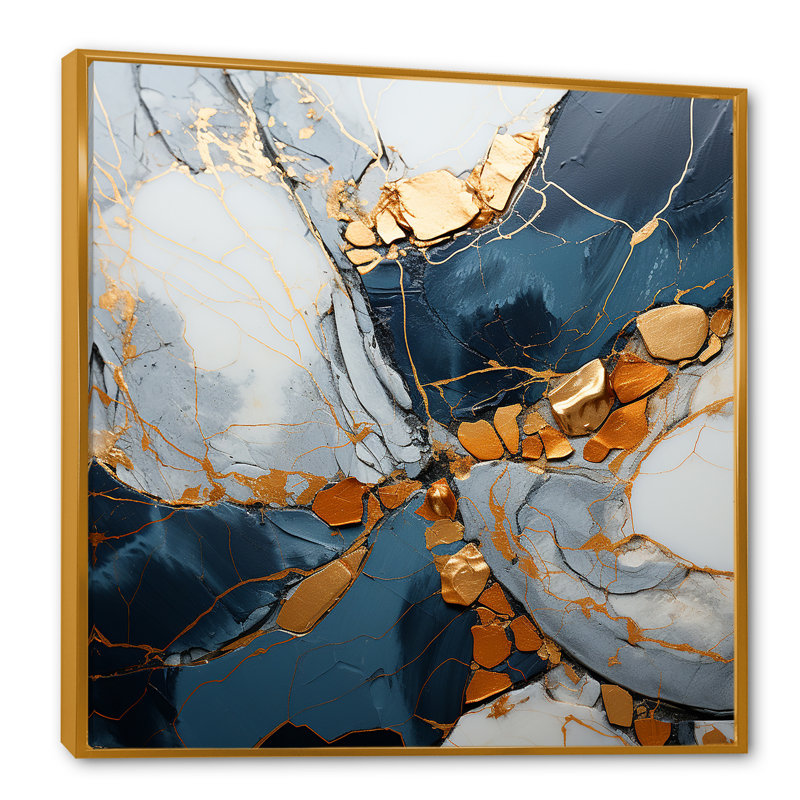 Or doré et bleu, art à l'encre III - encre liquide, art mural abstrait, Cadre flottant doré, H 30 po x l 30 po x P 1,5 po