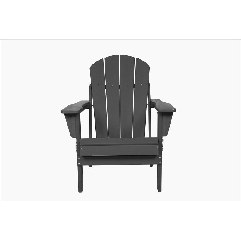 HDPE Folding Adirondack Chair With Dual Cup Holder And Wood Texture, Weather-Resistant And Easy To Store - Gray, Gray