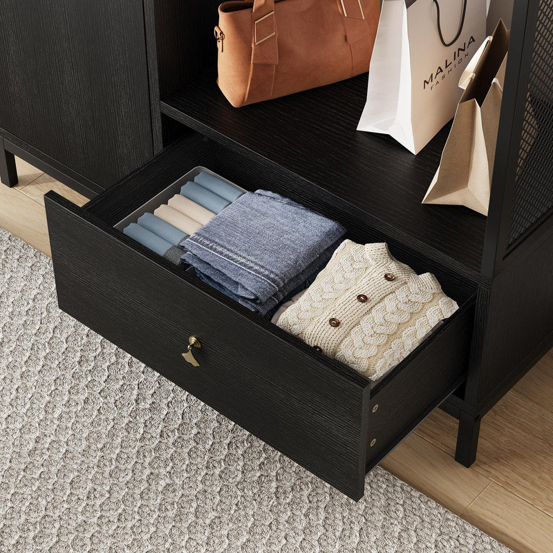Modern Armoire Wardrobe Closet – Double Doors, Hanging Rod, Drawer & Adjustable Shelves, Black