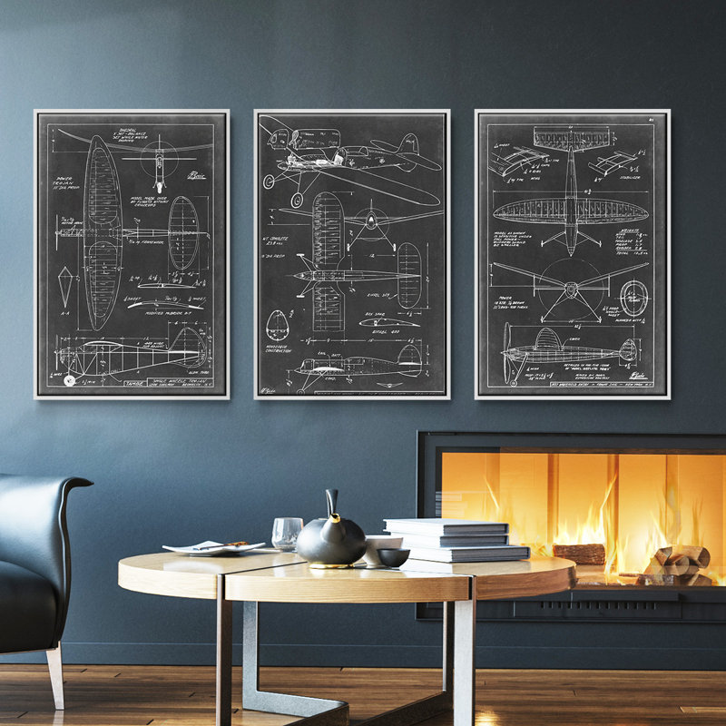 "Aéronautique", ensemble de 3 pièces encadrées sur toile, H 27 po x l 54 po, Blanc