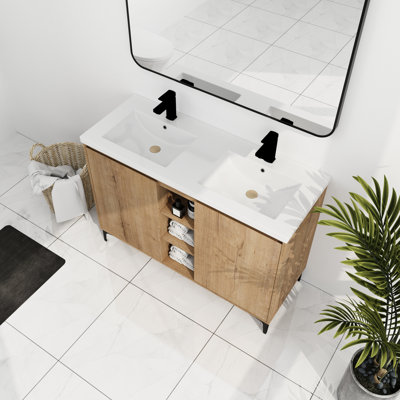 Meuble-lavabo double autoportant 48 po - Design moderne, fonction de porte, rangement spacieux, lavabo en résine, couleur chêne imitation, style de contreplaqué robuste, mécanisme, espace de rangement généreux, robuste