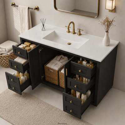 Meuble-lavabo autoportant de 48 po avec comptoir d'évier, armoire en panneau de fibres à densité moyenne avec 6 tiroirs et 2 portes à fermeture en douceur, poignées en métal doré, finition peinte, noir