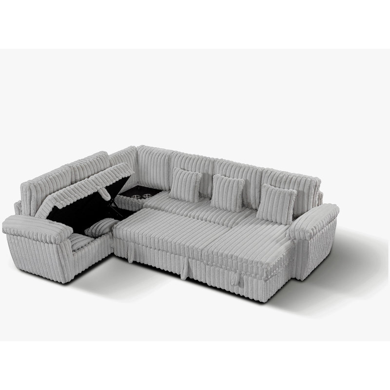 Canapé modulaire en velours côtelé de 103 pouces en U très moelleux avec rangement et lit escamotable, table basse d'angle avec porte-gobelet et port USB; convient au salon, canapé modulaire en velours côtelé confortable