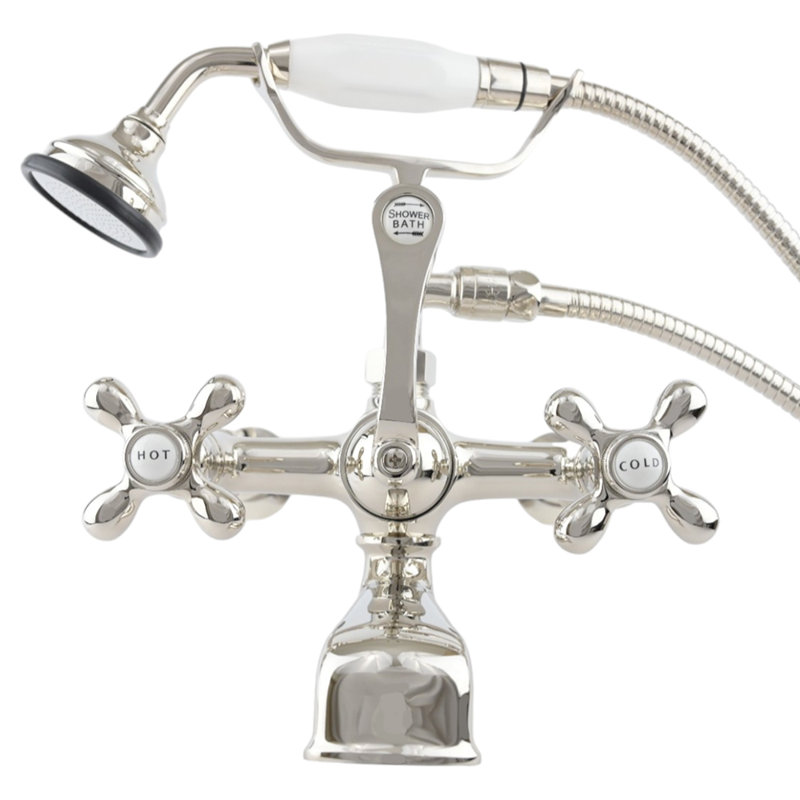 P1027 British Telephone Wall Mounted Faucet with Cross Handles and 7" Center Faucet Body, Polished NIckel