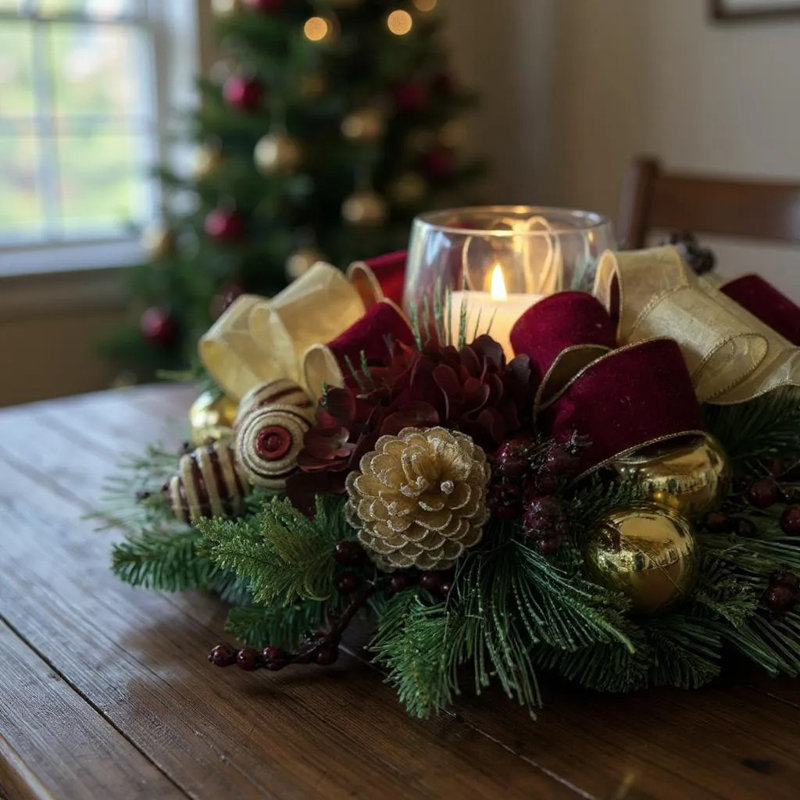 Holiday Candle Holder With Hydrangeas, Pinecones And Ribbon