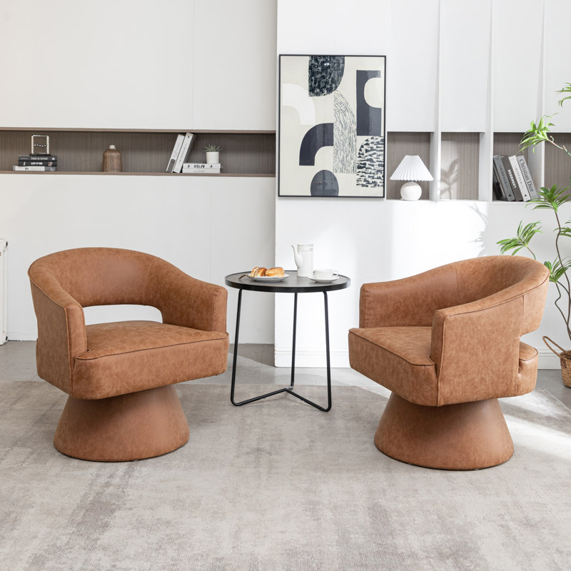 Kiersten Faux Leather Swivel Barrel Chair, Brown Faux Leather, 2