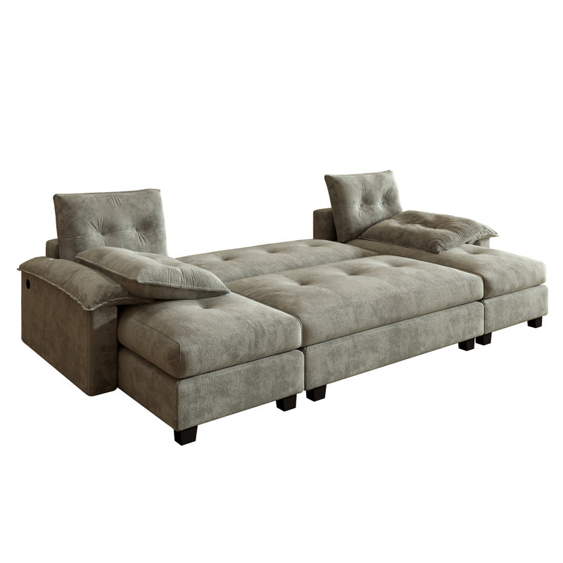 Modular U-Shaped Sleeper Sofa with USB Ports & Removable Armrests, Light Gray Corduroy