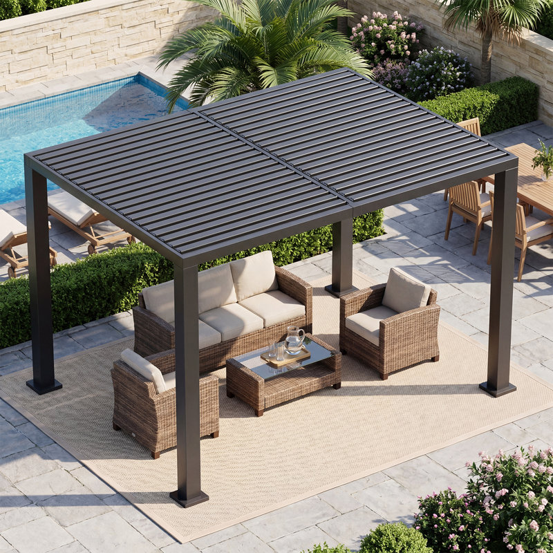 Pergola à persiennes de 3,65 m x 2,75 m avec éclairage DEL, toit étanche motorisé et réglable et système de secours à manivelle, gazebo extérieur en métal pour patio, terrasse et jardin