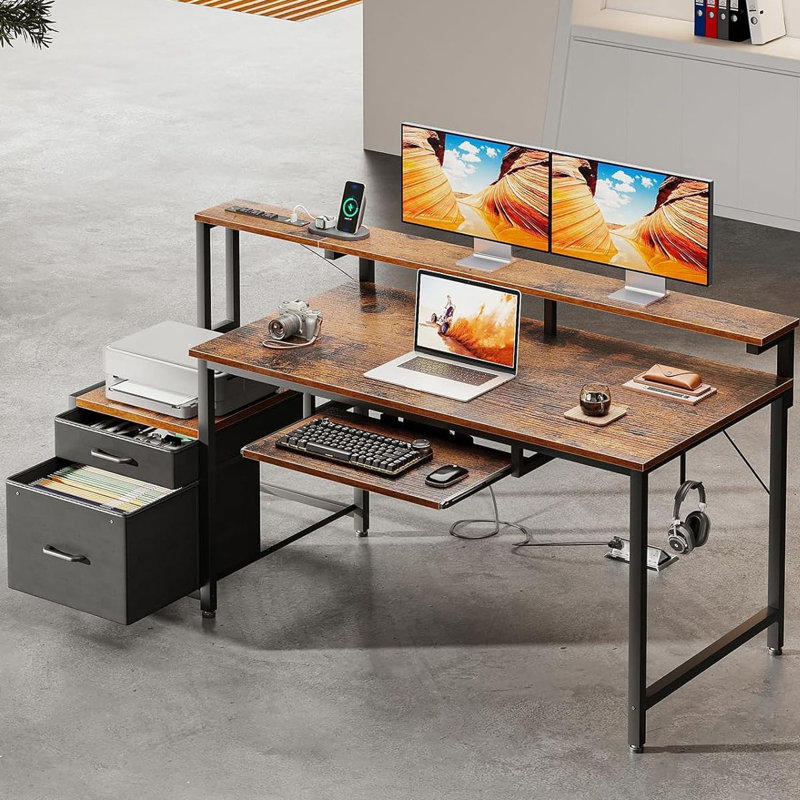 Computer Desk With Drawers, 55" Office Desk With Keyboard Tray And Power Outlet