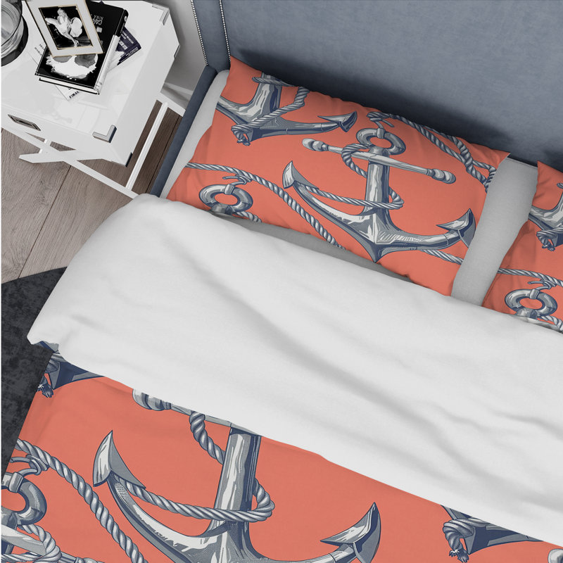Ensemble de housse de couette nautique Peach Blue Nautical Anchor I, Housse de couette très grand + 2 taies décorativ