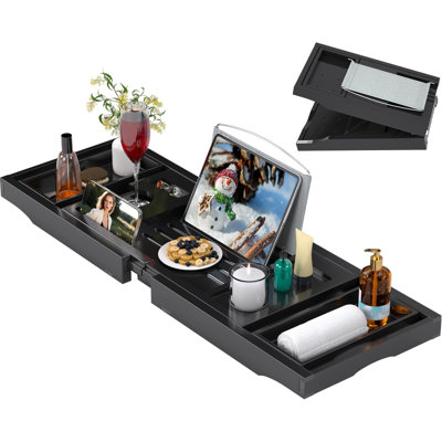 Plateau de baignoire, plateau de table de bain extensible et pliable avec patins antidérapants, noir