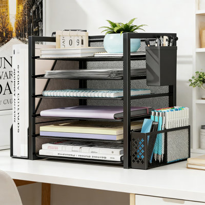 6 Tier Metal Desk Organizer With File Holder And Pen Containers, Heavy-Duty Desktop Paper Tray System For Office And Home Organization