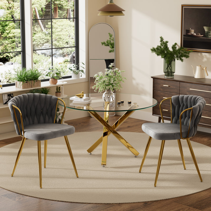 Round Restaurant Dining Set, 3 Pieces: Table, 2 Chairs, Gray, Gold
