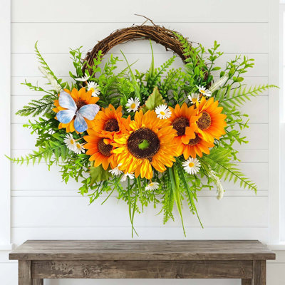 Artificial Sunflowers Wreath with Butterfly Rattan Garland for Front Door Decor