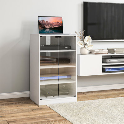 4 Media Stand, Modern Video Cabinet With Adjustable Shelves, Tempered Glass Doors, Cable Managed, Fashionable Cabinet, Management, Distressed White Fo