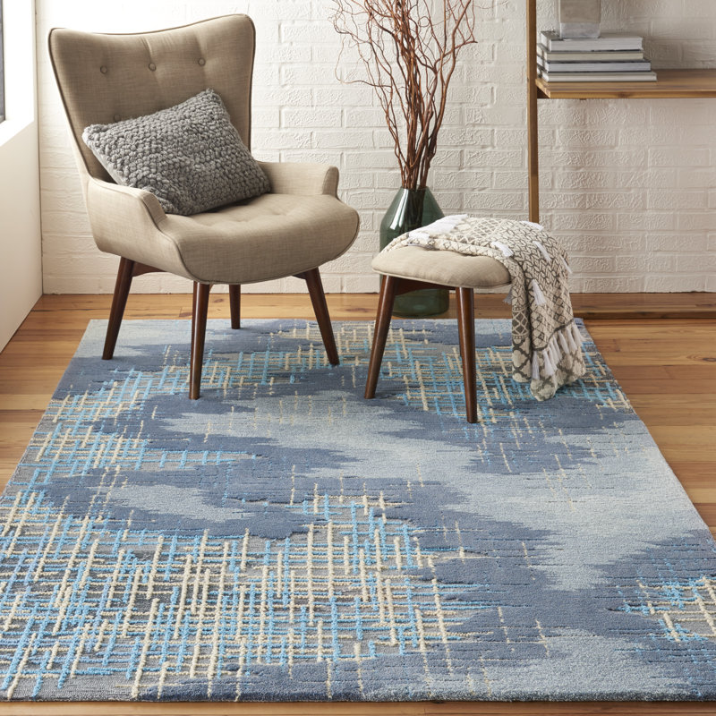 Tapis bleu moderne fait à la main, Rectangle 5 pi 3 po x 7 pi 9 po