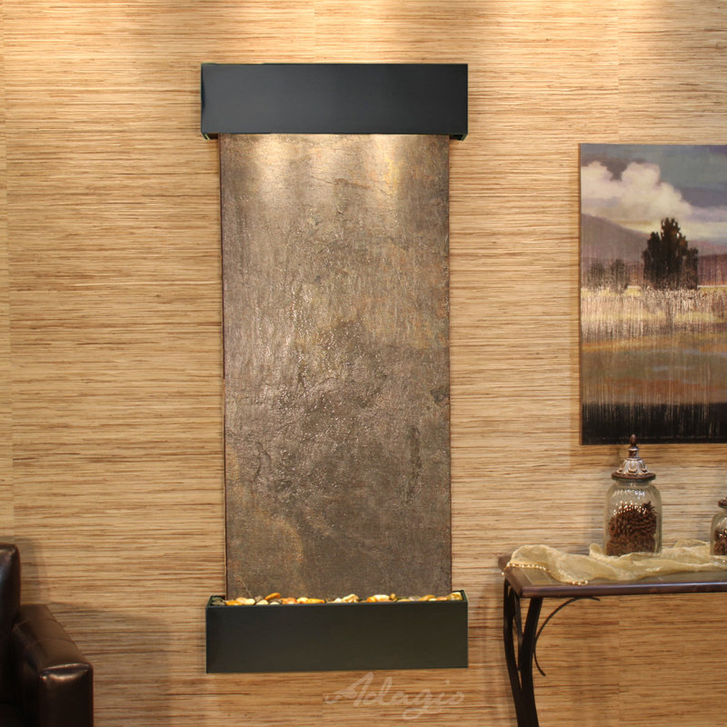 Inspiration Falls Natural Stone Fountain with Light, Blackened Copper, Green Feather