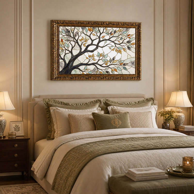Tableau mural sur toile représentant un arbre de style vitrail aux feuilles turquoise et orange., 16"H x 24"W
