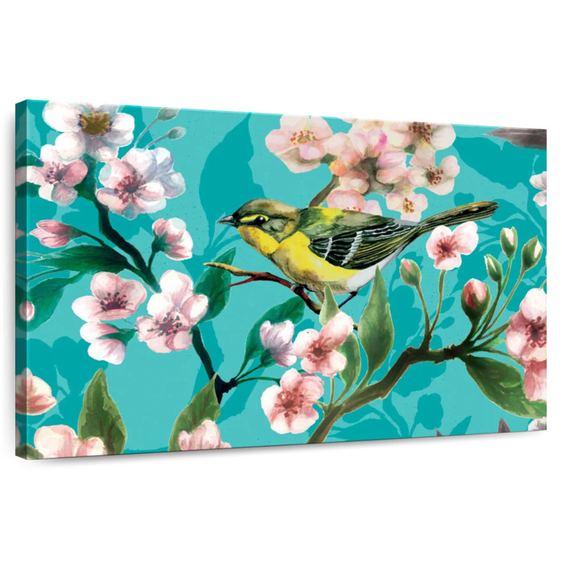 Crowle, fleurs de cerisier et oiseau jaune, H 24 po x l 36 po