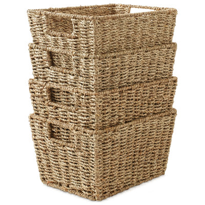 Set of 4 Water Hyacinth Storage Shelf Baskets with Handles