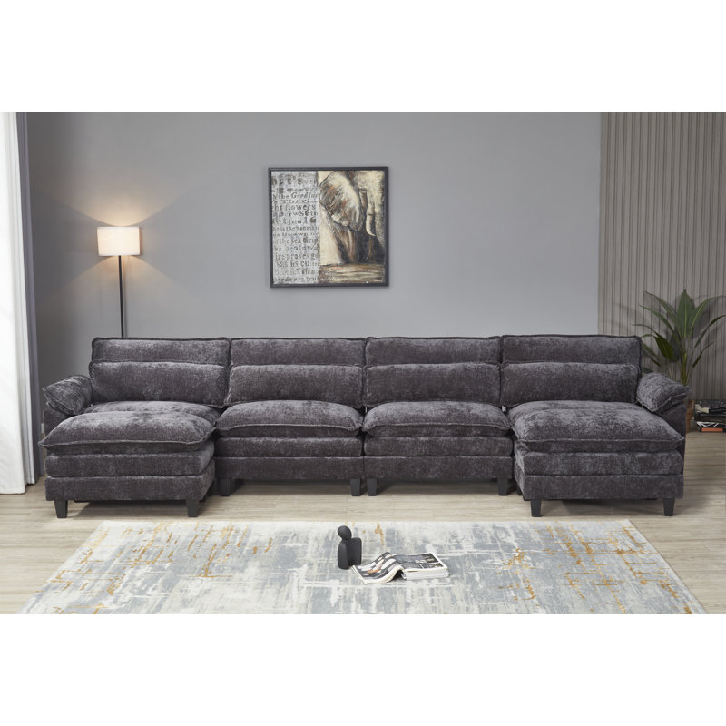 Canapé modulaire en chenille de 150,4 po de large avec USB Asher, Chenille noir