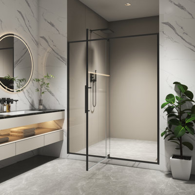 50 - 54"w X 74"h Pivot Shower Door With 5/16" Tempered Glass Matte Black, Open Outside At 105 Degrees, Rotating Shaft Automatic Rebound, Quick Setup, 4 Inch Adjustment Span, 304 Stainless Steel