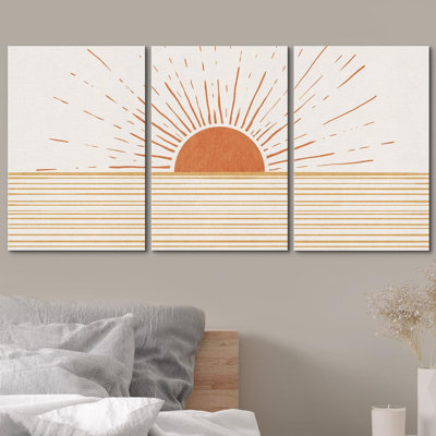 Sun And Moon " Mid-Century Ocean Sunrise Sunrays Horizon " 3 - Pieces