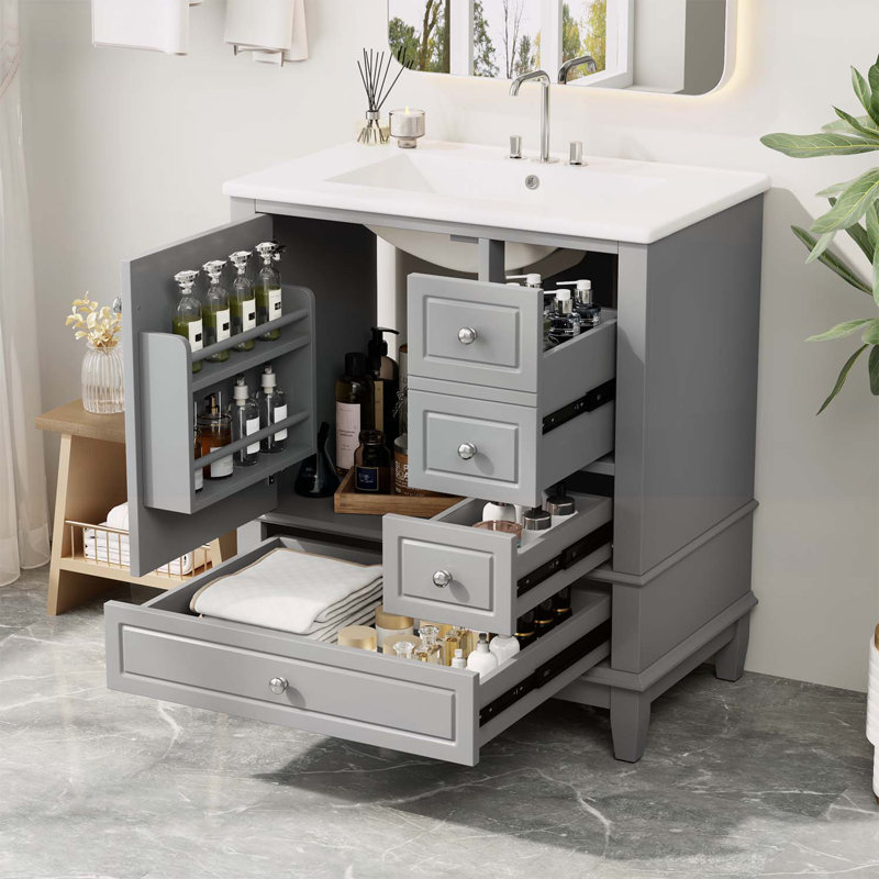 Meuble-lavabo de salle de bain avec lavabo, une porte avec tablette et trois tiroirs, Gris