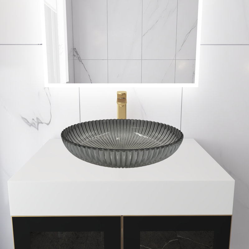 Meuble-lavabo mural moderne de luxe avec comptoir à surface solide de 30 po et lavabo vasque ovale en verre transparent, Noir