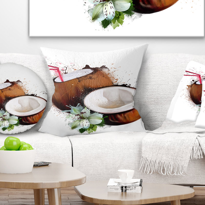 Noix de coco avec aquarelle de paille - coussin imprimé floral, 18 po x 18 po, Coussin décoratif